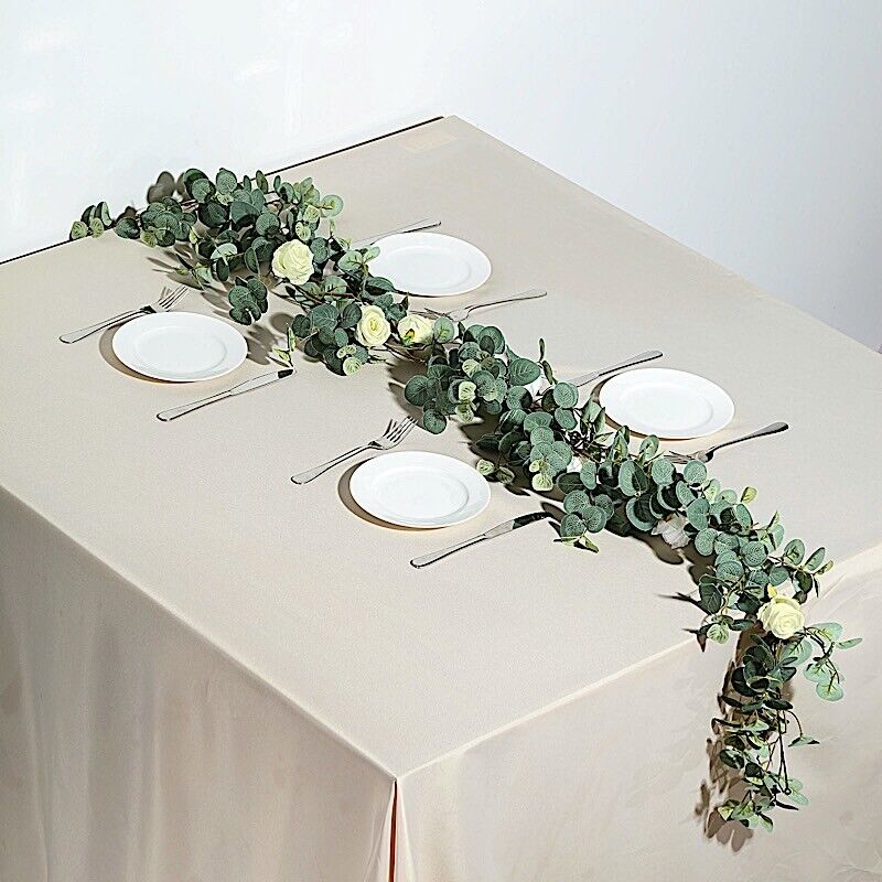 6 ft long Frosted Green Artificial Eucalyptus Leaves Ivory Roses Vine Garland