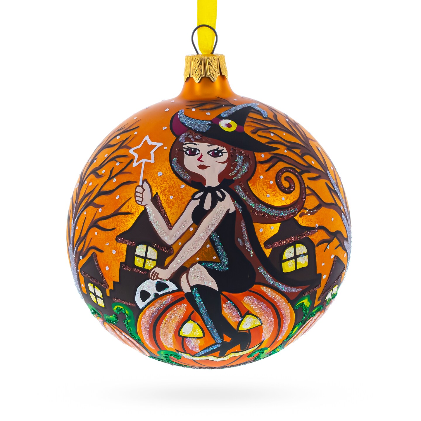 Enchanting Witch Riding Pumpkin Glass Ball Halloween Ornament 4 Inches
