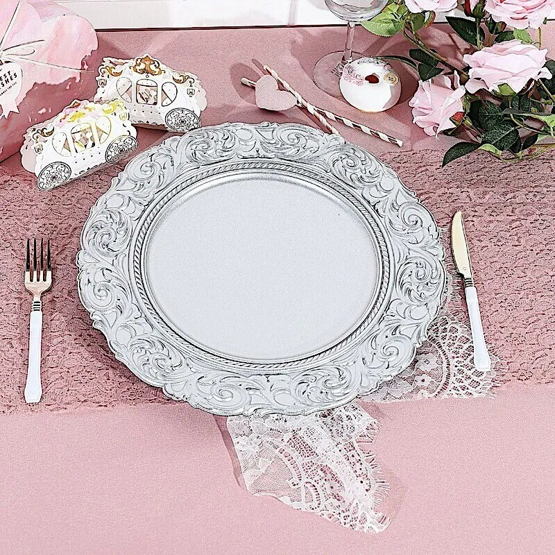 24 SILVER 14&#x22; Round Baroque Metallic Charger Plates