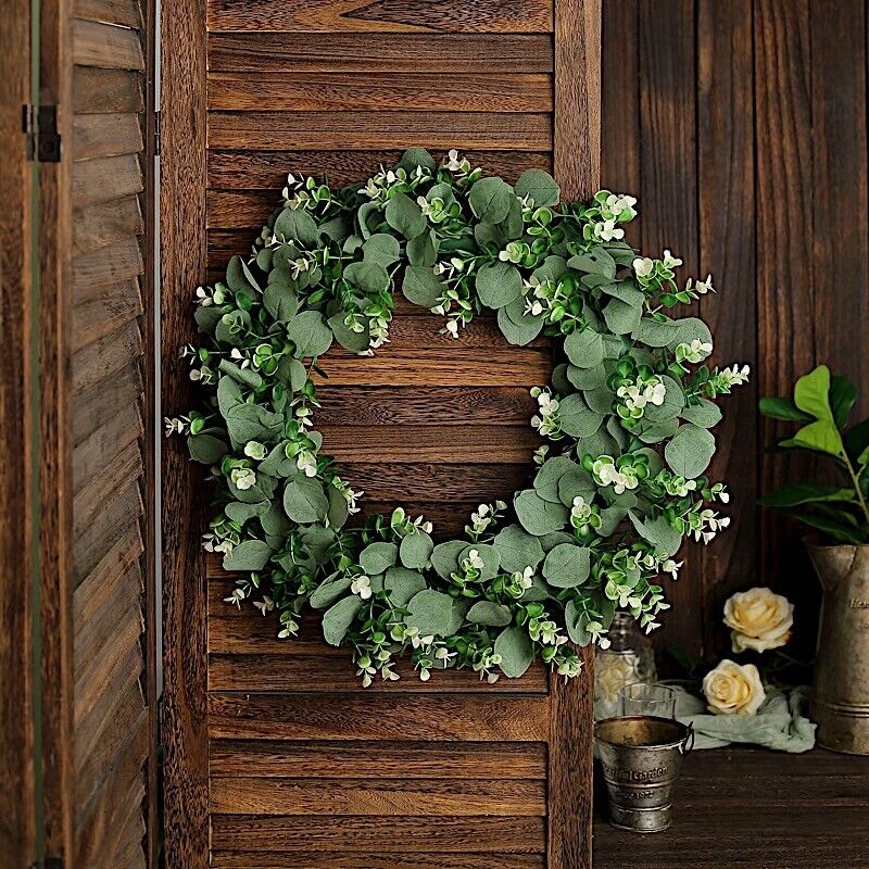 2 Green White 21 in Wreaths Artificial Eucalyptus Genlisea Leaves Candle Rings