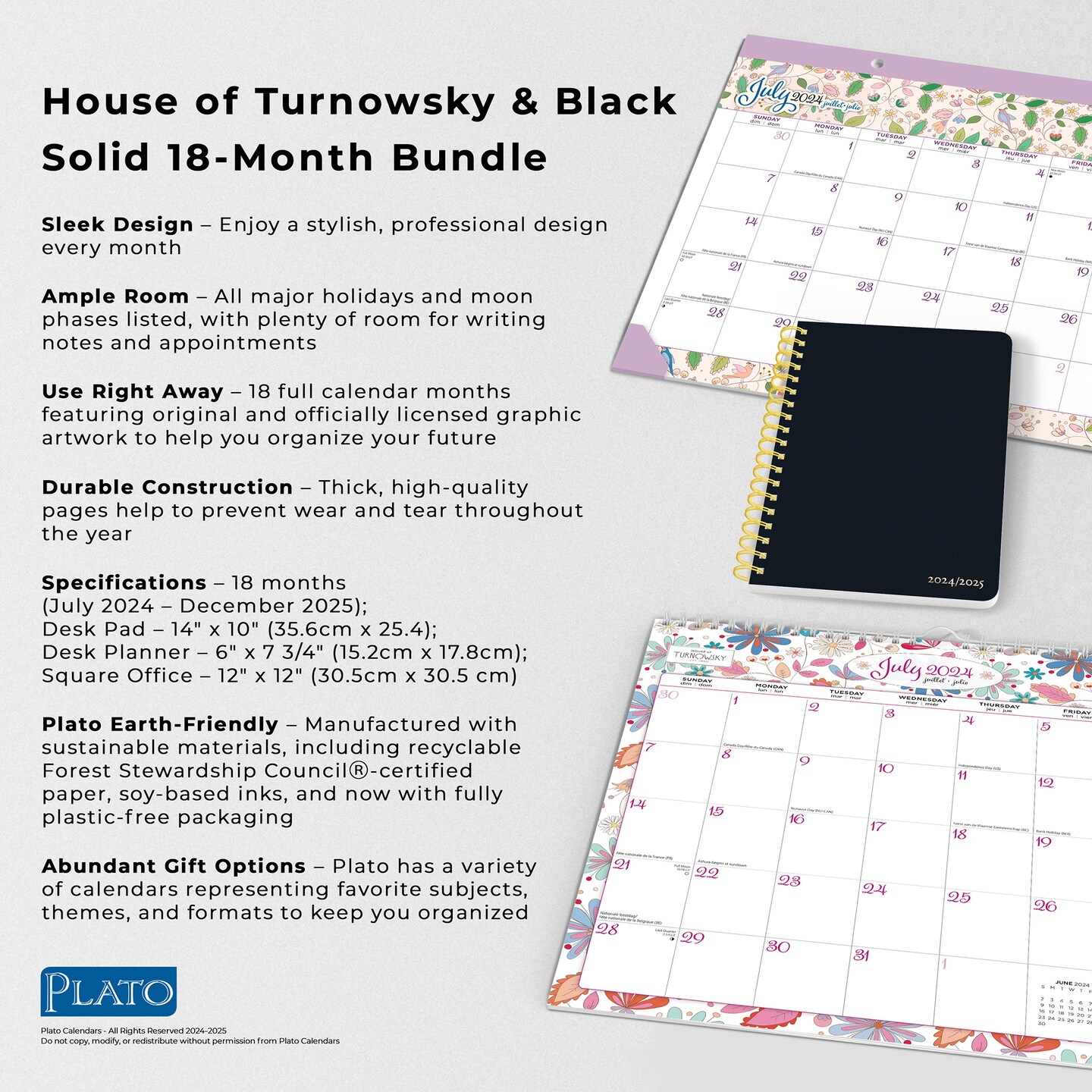 House of Turnowsky and Black Solid 2025 18 Months Bundle | Desk Pad, Desk Planner, and Square Wire-O Calendar | July 2024 - December 2025 | Plato | Family Stationery Design