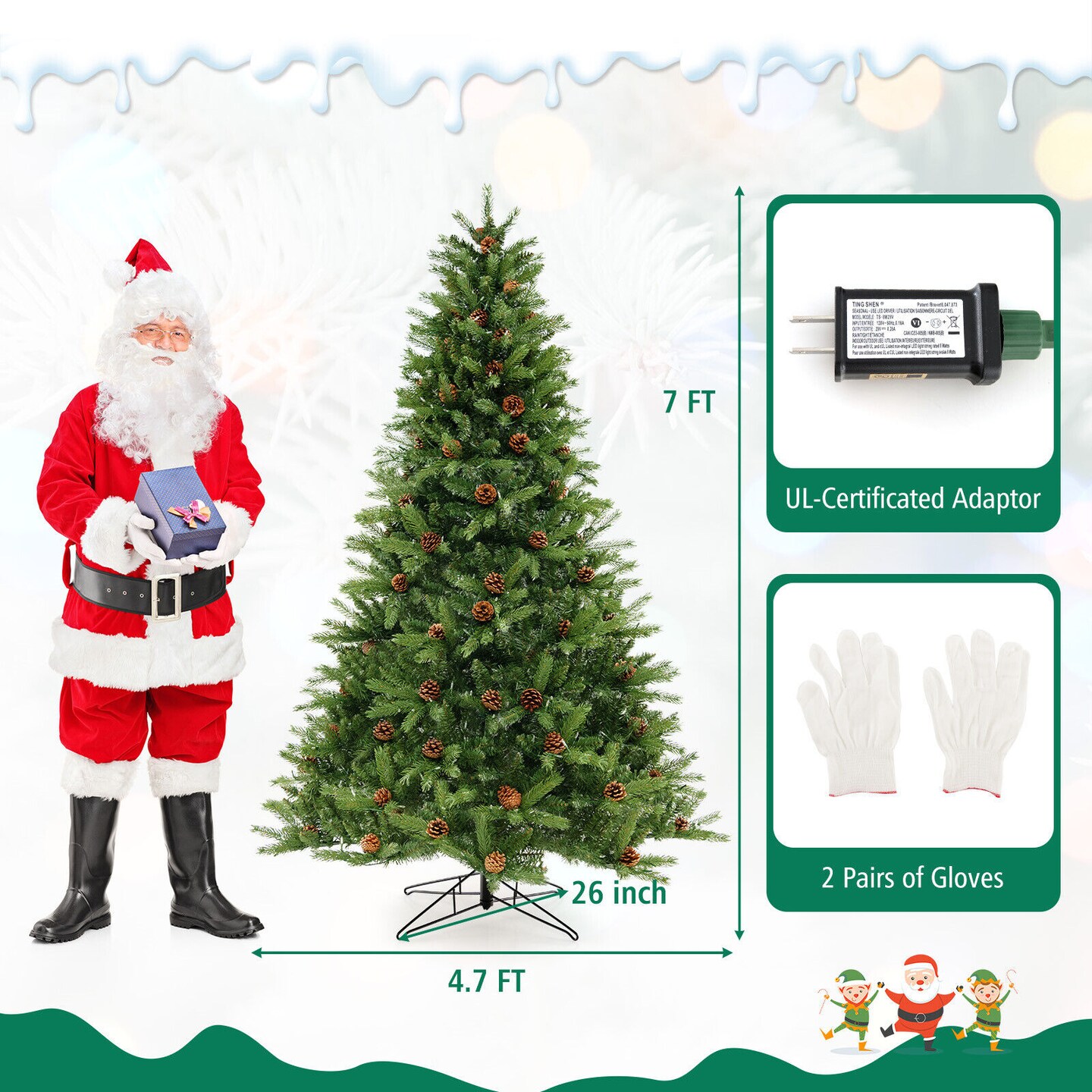 Artificial Christmas Tree with Pine Cones and Adjustable Brightness