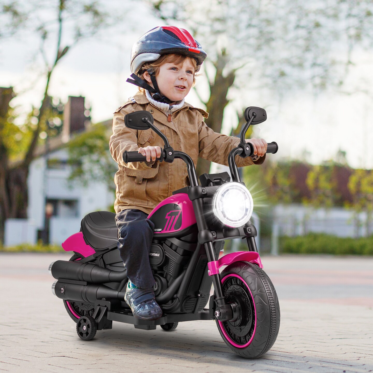 Kids Electric Motorcycle With Training Wheels And Led Headlights
