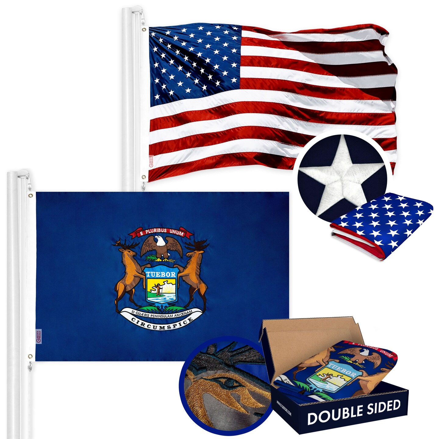 G128 Combo Pack: USA American Flag 3x5 Ft Embroidered Stars &#x26; Michigan State Flag 3x5 Ft Embroidered Double Sided 2ply
