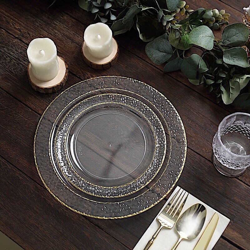 50 CLEAR 10&#x22; Round Salad PLATES Hammered GOLD Trim