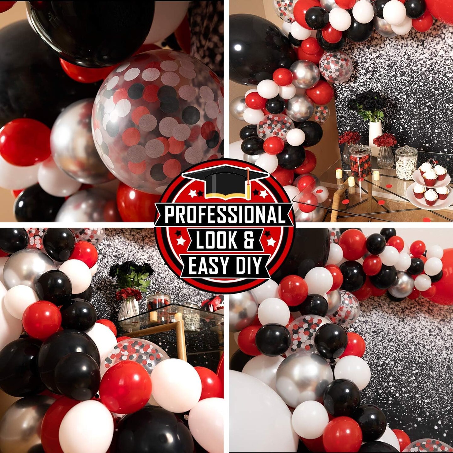 ALL-IN-1 Red Black and White Balloons Arch Kit for Red and Black Birthday Party Decorations &#x2013; Red and Black Balloons for White Black and Red Balloon Garland Kit &#x2013; Graduation Black and Red Balloons