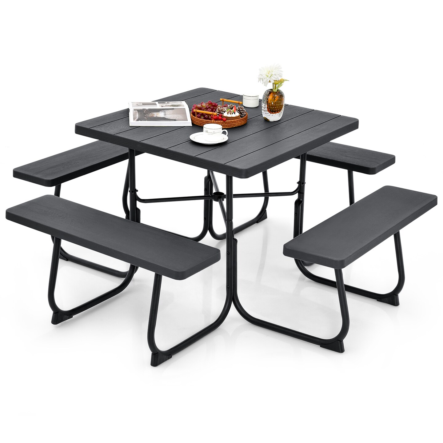 Outdoor Picnic Table With 4 Benches And Umbrella Hole
