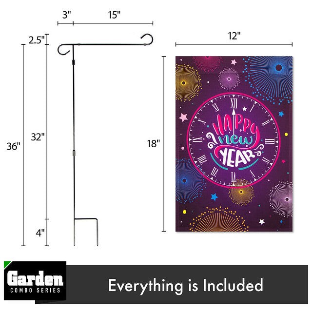 G128 Combo Pack: Garden Flag Stand Black 36x16 Inch &#x26; Garden Flag Happy New Year Midnight Clock 12x18 Inch