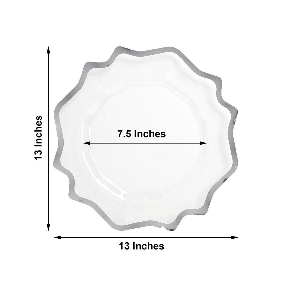 6 CLEAR SILVER 13&#x22; CHARGER PLATES Round Scalloped Trim