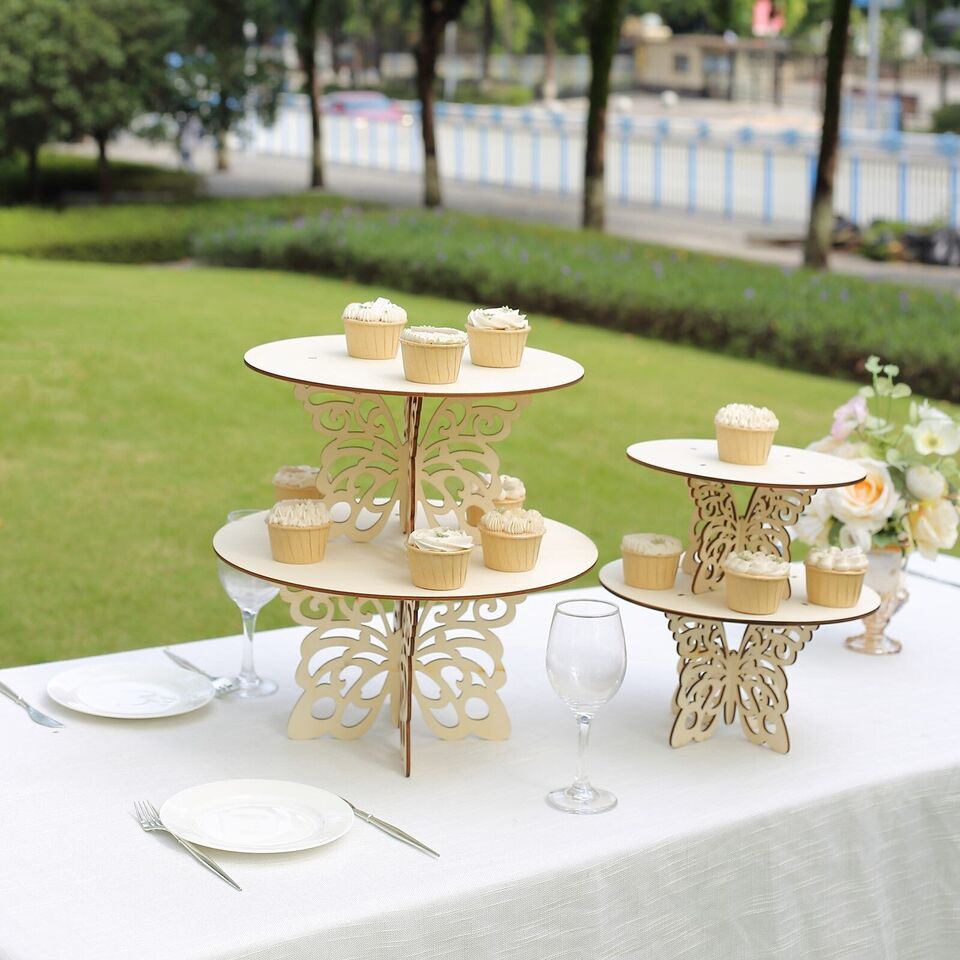 4 NATURAL Wooden Dessert CAKE STAND Laser Cut Butterfly Design