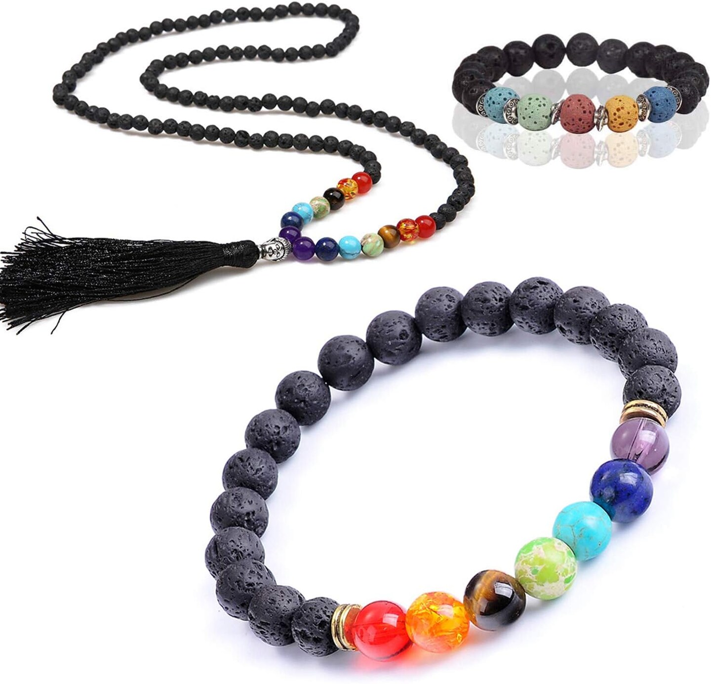 602Pcs Lava Beads Stone Kits with 8mm Chakra Beads and Spacers Beads Bracelet Elastic String for Diffuse Essential Oils Adult DIY Jewelry Making Supplies
