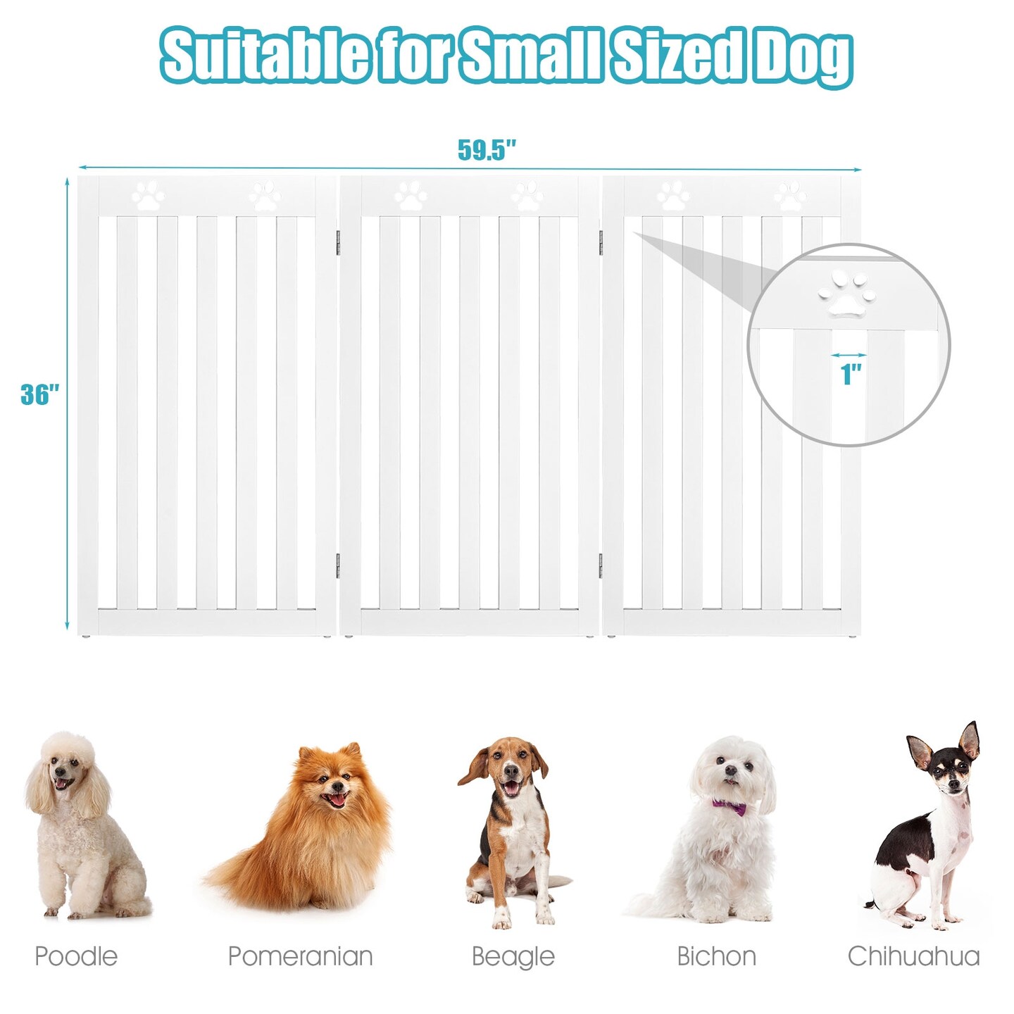 36 Inch Folding Wooden Freestanding Pet Gate Dog Gate with 360&#xC2;&#xB0; Flexible Hinge-White