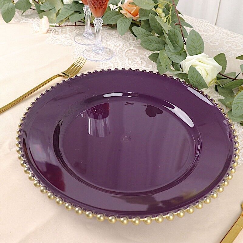 6 PURPLE GOLD 12&#x22; Round Beaded Rim Charger Plates