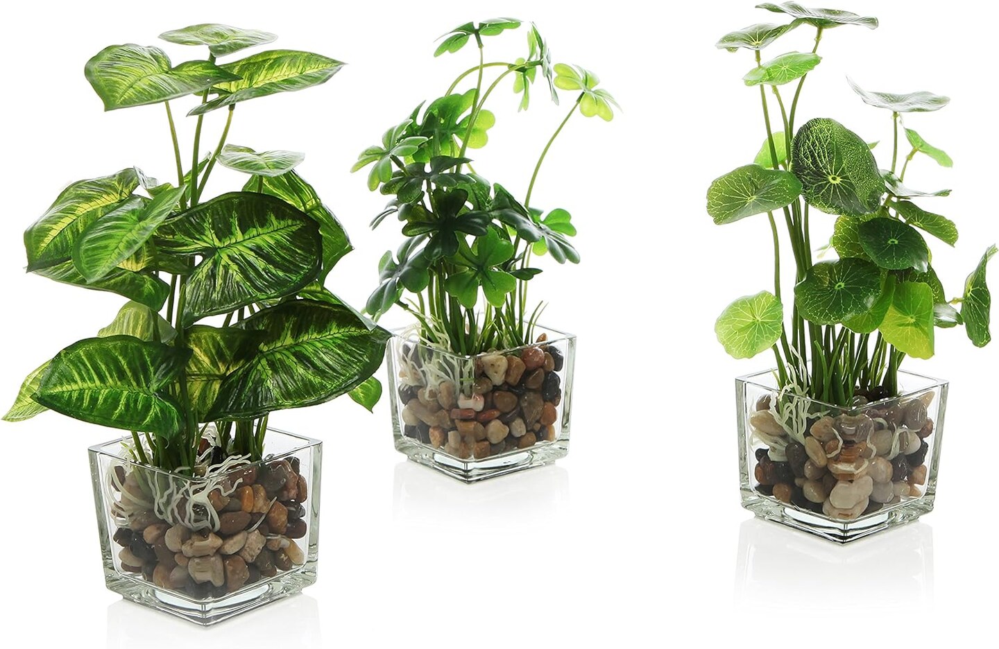 Elegant Trio: Artificial Tabletop Greenery in Clear Glass Pots