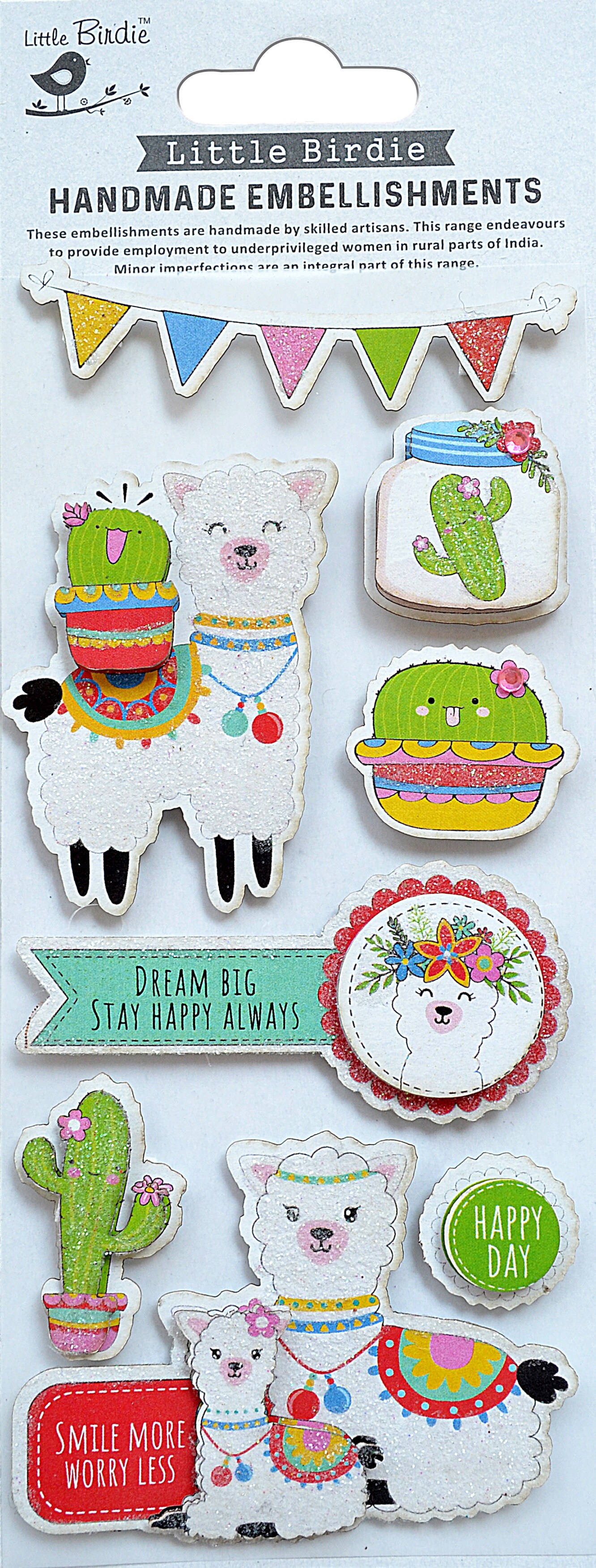Little Birdie 3D Glitter Embellishment 8/Pkg-Happy Llama