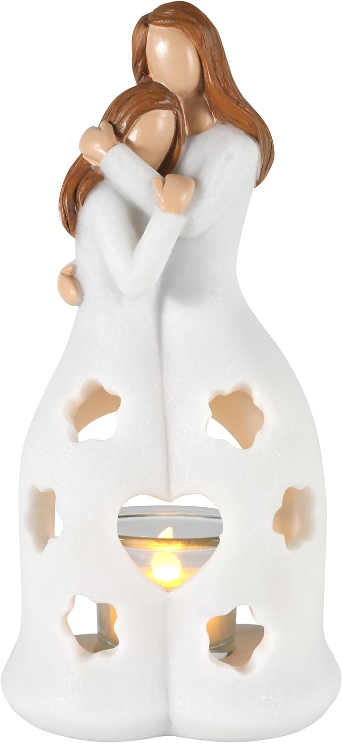 Mother and Daughter Resin Angel Statue With Tealight Candle Holder