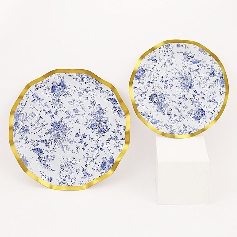 25 Round 8&#x22; BLUE Paper Salad Plates Gold Wavy Rim Party Tableware