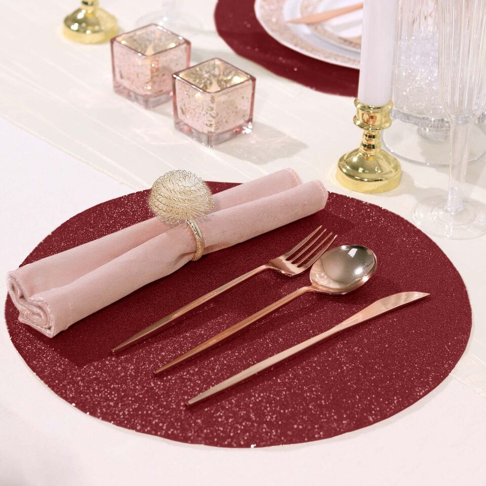 6 BURGUNDY 13&#x22; Round Glittered Faux Leather PLACEMATS