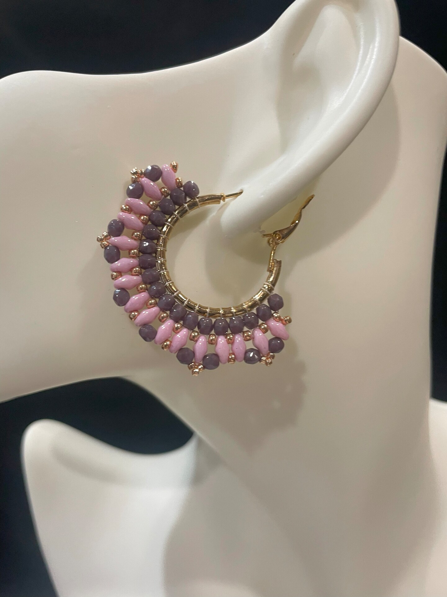 Rose and Pink Czech glass beaded hoop earring: ¾” inch gold hoop with a  finished width of ½” inches MakerPlace by Michaels