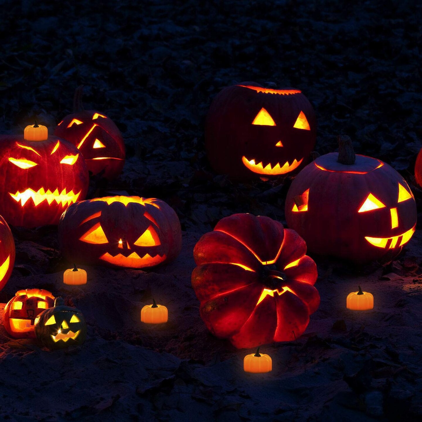 12 Pack LED Pumpkin Halloween  Lights, Jack-O&#x27;-Lantern, Small Orange Flickering Tea Lights, for Halloween, Fall Festival Decorations