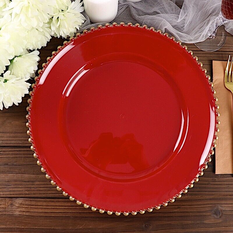 6 RED GOLD 12&#x22; Round Beaded Rim Charger Plates