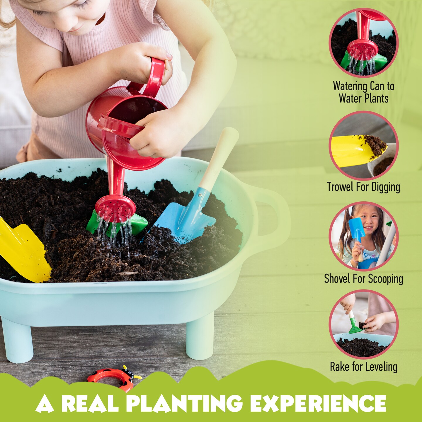 ROBOTIME Kids Gardening Tools Set - 17 PCS Metal & Wooden Tools For Toddlers, Includes Apron, Hat, Gloves, Tote Bag, Educational Outdoor Toy Gift