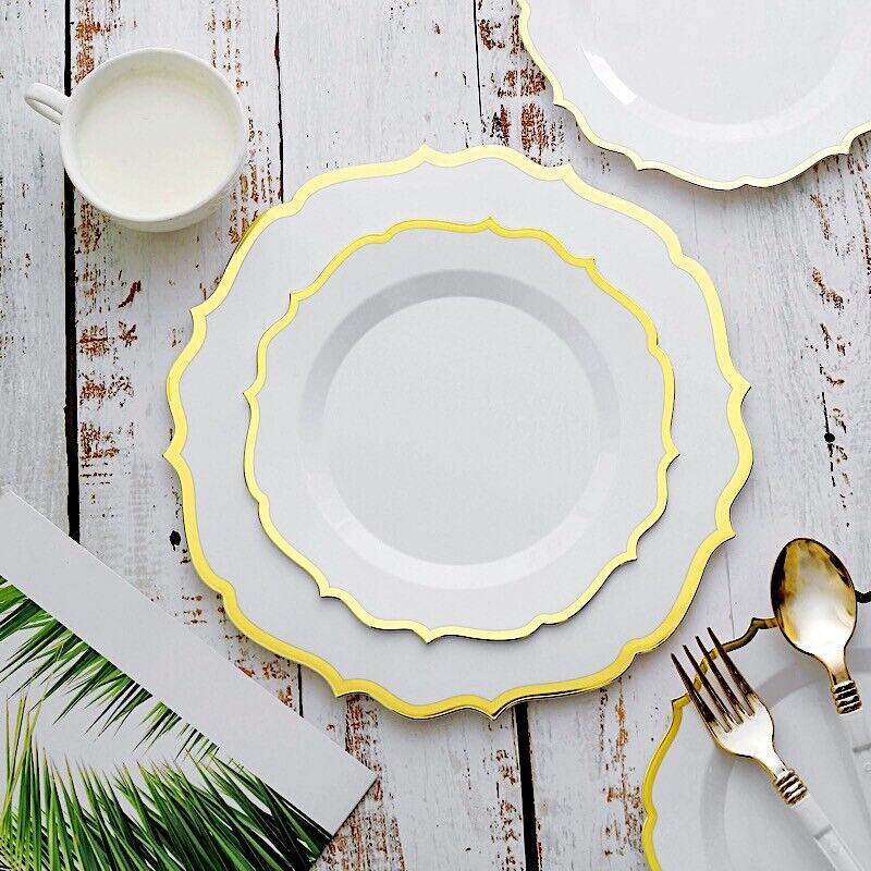 30 WHITE 8&#x22; Round Plastic Dinner Plates GOLD Scalloped Rim