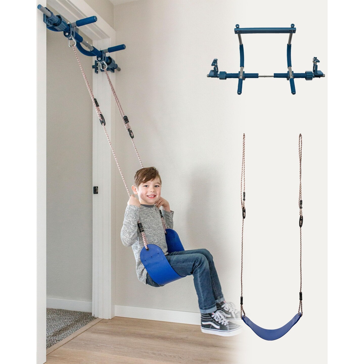 Gym1 2-Piece Doorway Swing Set Includes Sensory Swing for Kids, Indoor Pull Up Bar for Adults for Indoor Fun &#x26; Fitness, Holds Up to 300 Lbs, Blue