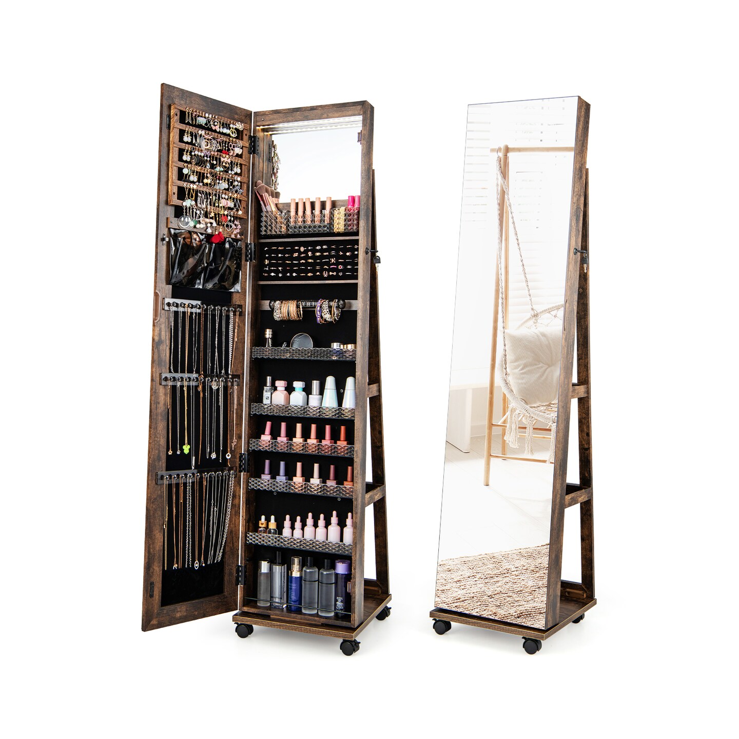 64 Inches Lockable Jewelry Cabinet Armoire With Built-in Makeup Mirror