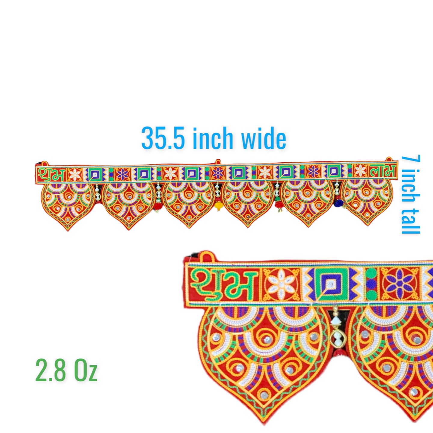 Indian Fabric Door Toran 35.5 Inch Bhandarwal Hanging Valance Embroidered Traditional Wall Decorative for Window Home Temple Decor Wedding Diwali Navratri Puja Housewarming Decorations
