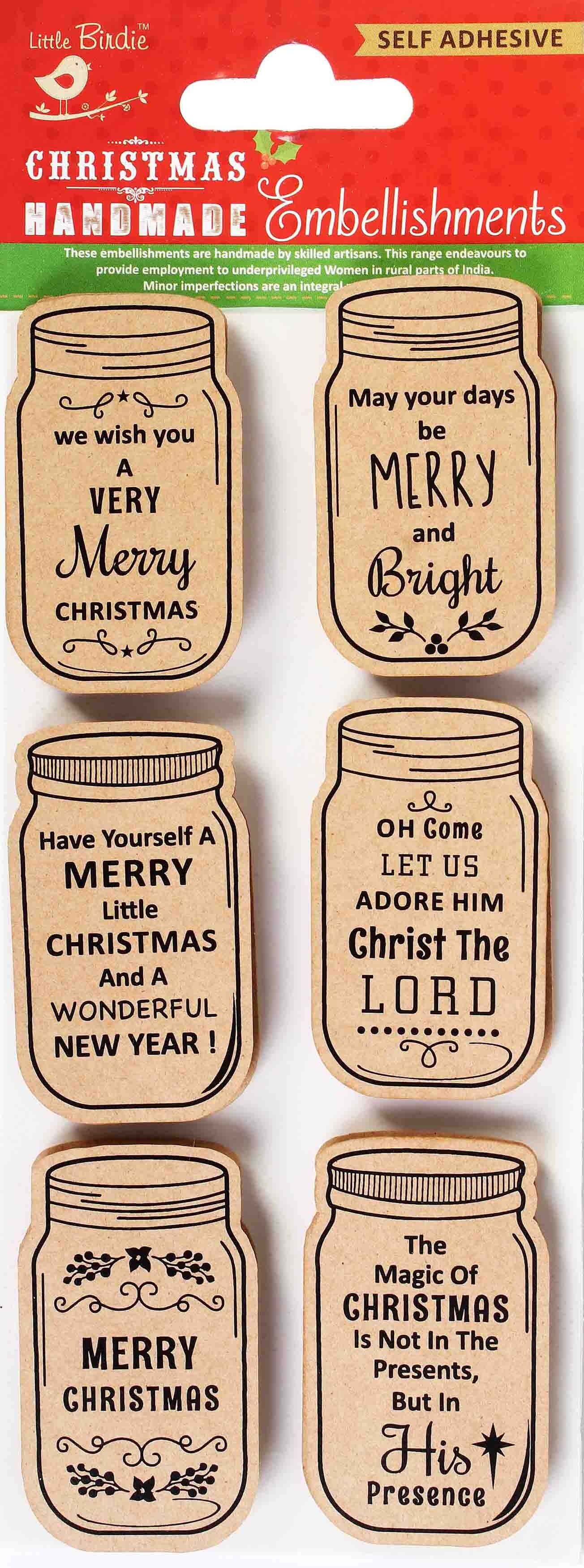 Little Birdie Kraft Printed Mason Jar Tags 6/Pkg-Merry Christmas