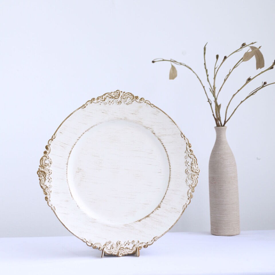 24 WHITE GOLD 13&#x22; Round Embossed Rim Charger Plates
