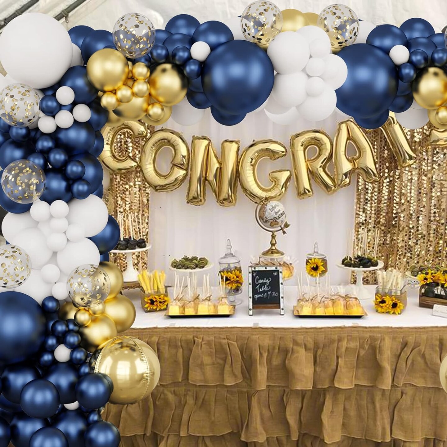 174pcs Navy Blue Gold Balloons Garland Arch Kit, Metallic Gold Latex White Confetti Mixed Sizes Balloons Foil Balloons for Baby Shower Birthday Party Wedding Graduation Decoration