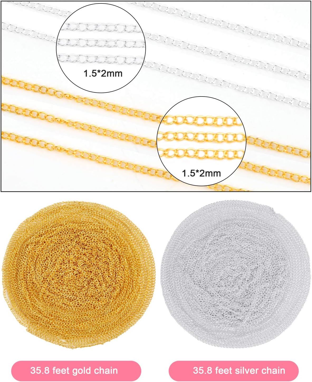 65 Feet Jewelry Chains Necklace Chains 2 mm Jewelry Making Chains with 960 Pieces Jump Rings 40 Pieces Lobster Clasps Jewelry Making Tools (Gold, Silver Total in 65 Feet)
