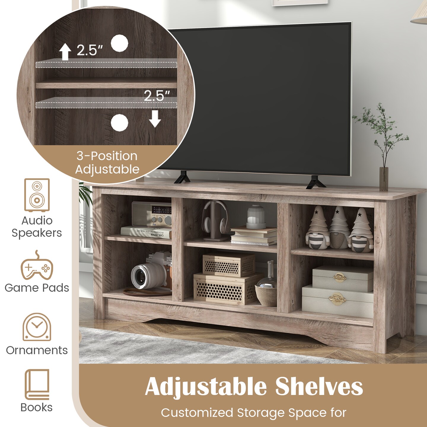 TV Stand for up to 65&#x22; Flat Screen TVs with Adjustable Shelves for 18&#x22; Electric Fireplace (Not Included) - 58&#x22; x 16&#x22; x 24.5&#x22;