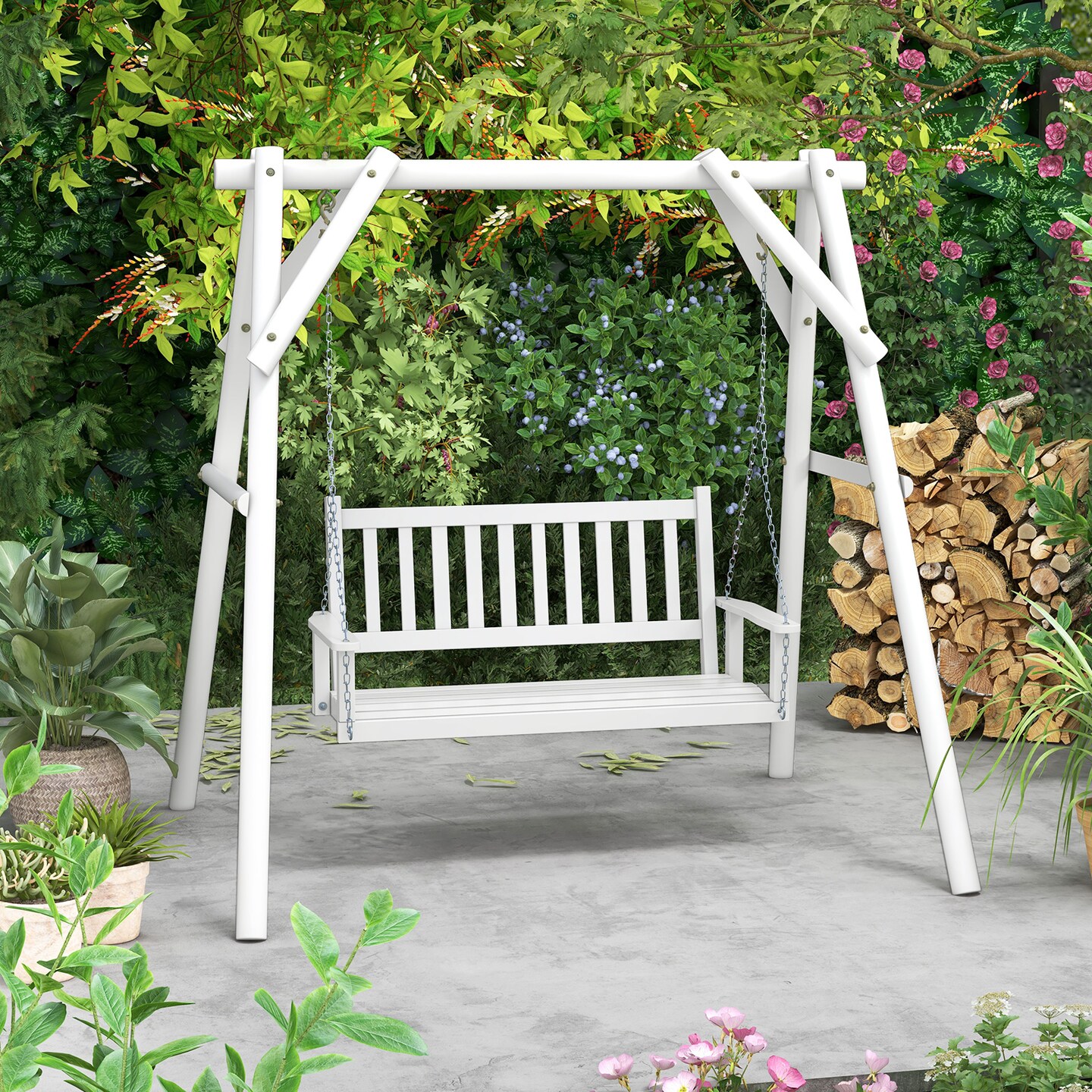 Wooden Outdoor Porch Swing with Slatted Backrest and Ergonomic Curved Seat