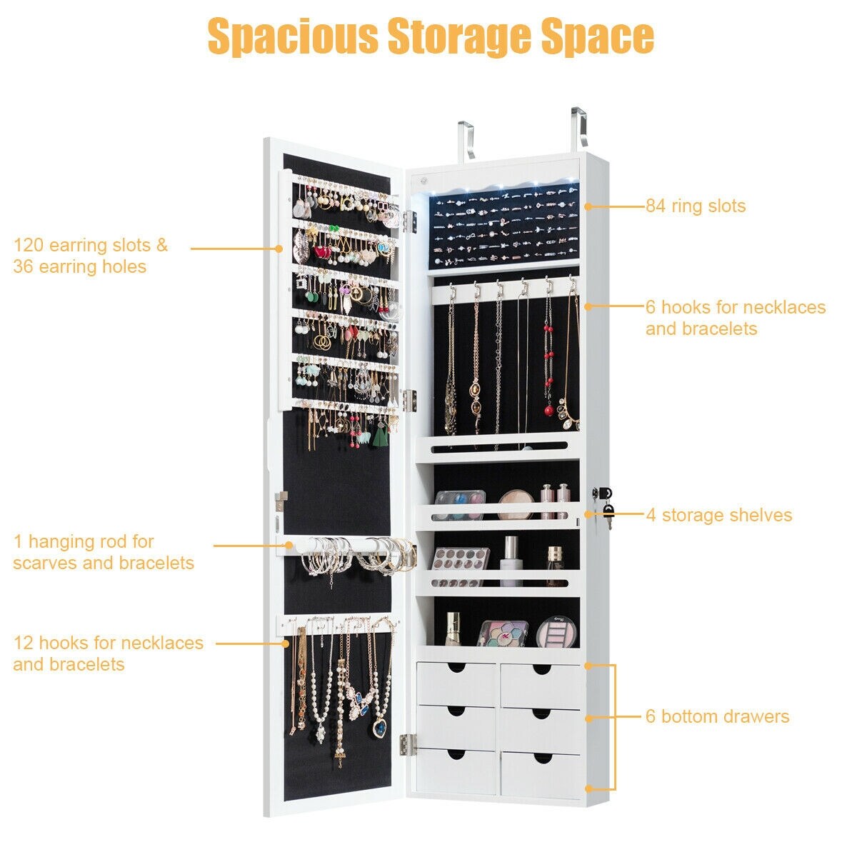 5 LED Lights Lockable Mirror Jewelry Cabinet Armoire With 6 Drawers