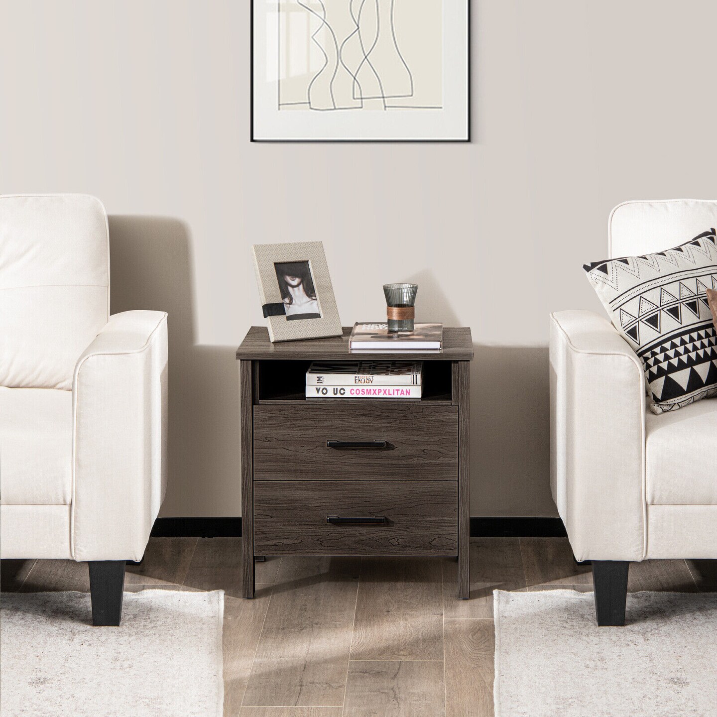 Modern Wood Grain Nightstand With Cable Hole And Open Compartment