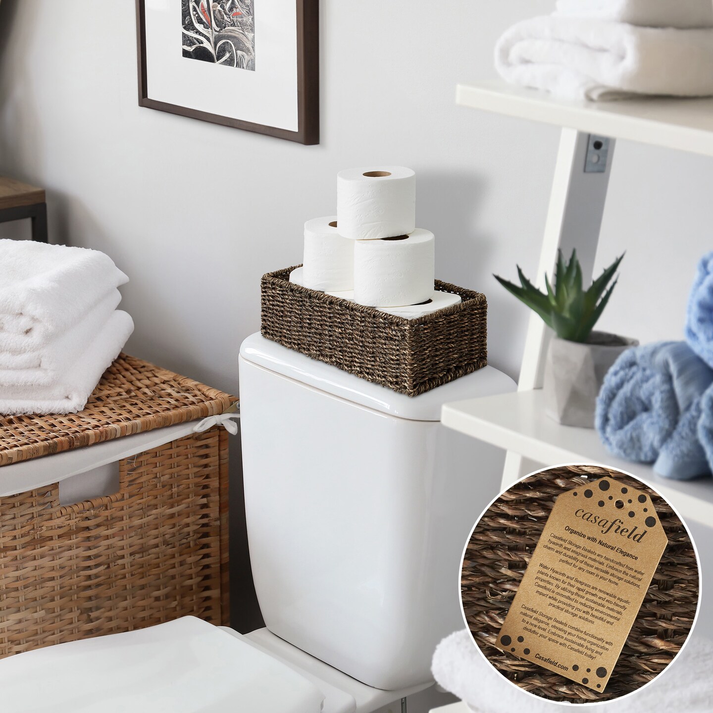 Casafield Set of 2 Bathroom Storage Baskets, Seagrass - Water Hyacinth, Woven Toilet Tank Topper Bins for Organizing Tissues, Toilet Paper, Toiletries, Shelves