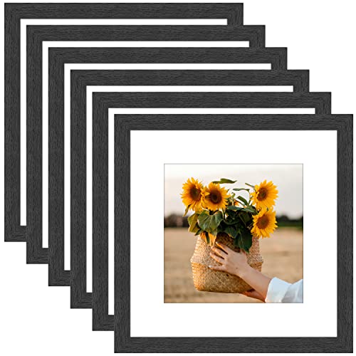8x8 Picture Frame Rustic Black Wood Set of 6,Display Pictures 5x5 with Mat or 8x8 Without Mat,Multi Photo Frames Collage for Wall or Tabletop Display