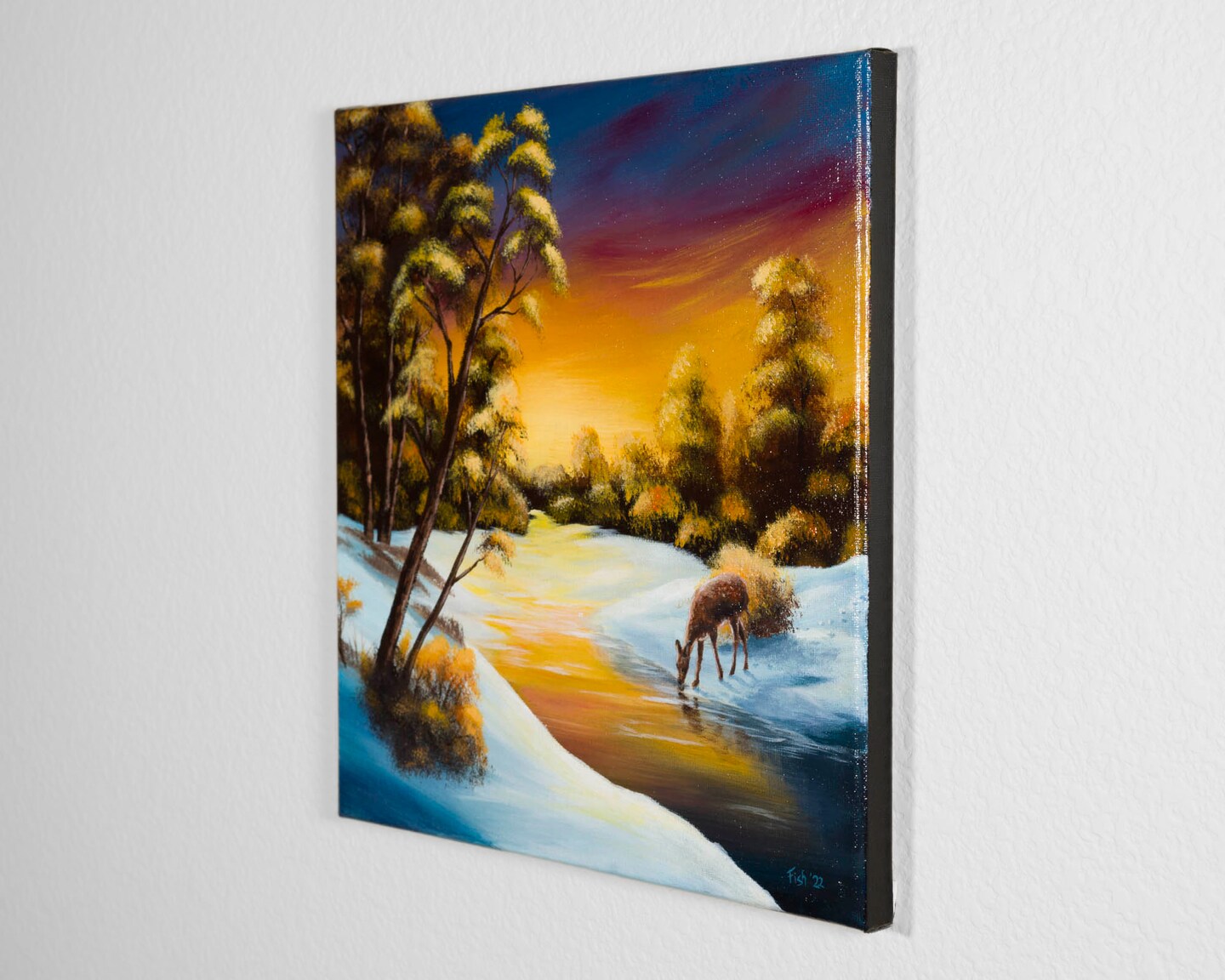 ORIGINAL Deer Drinking from River Acrylic Painting,Sunset Landscape Canvas Wall Art, Bedroom Decor, Original Painting, 12x12 Deer Canvas Art