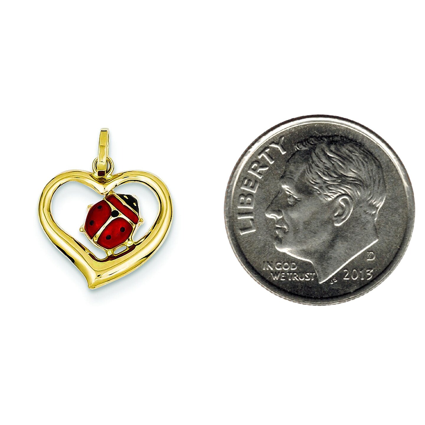 14K Yellow Gold Enameled Ladybug Heart Charm Jewelry