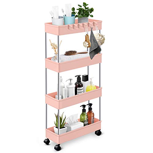 KPX Slim Rolling Storage Cart Kitchen Small Shelves Organizer with Casters  Wheels Mobile Bathroom Slide Utility Cart, Small Shelf for Laundry Room,  Make Up, Home School, Dorm Room (4-Tier, Pink)