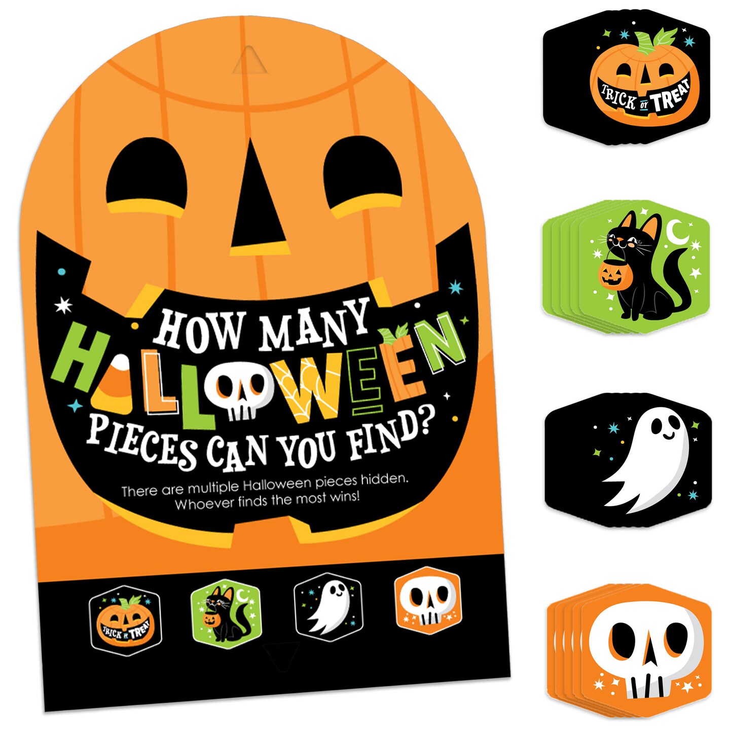 Big Dot of Happiness Jack-O&#x27;-Lantern Halloween - Kids Halloween Party Scavenger Hunt - 1 Stand and 48 Game Pieces - Hide and Find Game