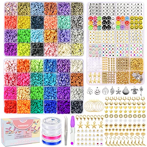 XIMISHOP 7200 Pcs Clay Beads Kit for Bracelet Making, 48 Color Polymer Flat Clay Beads Spacer Heishi Letters Beads Kit with Charms Kit for Jewelry Making Crafts Gifts Set for Teen Girls Adults