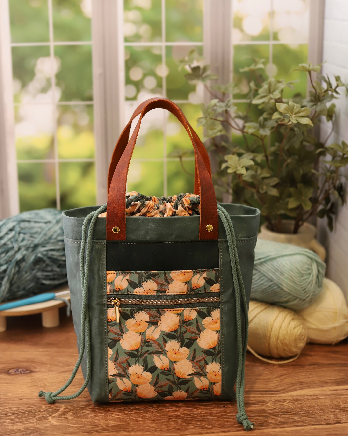 Firefly Tote Bag with Leather Handles, Agave Waxed canvas with Floral Accent, Project size