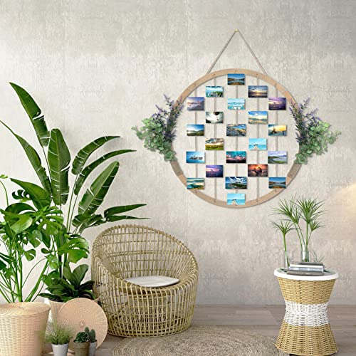 Super Holiday Large Round Wooden Picture Frames, 60CM/23.62&#x22; Eucalyptus and Lavender Hanging Display Board Photo Frames Collage Wall Decor, for Spring Summer Mother&#x27;s Day Christmas Holiday, Gift.