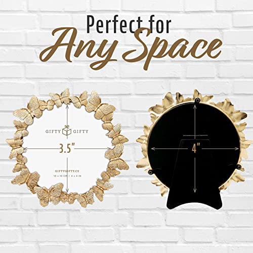 GIFTY GIFTY Round Butterfly Picture Frame with Gold With White Painted Frame 4&#x201D;x4&#x201D; Personalized Photo Frame Round Shape, for Vertical Display on Tabletop, Home Decor, Wedding or any Milestone Photos