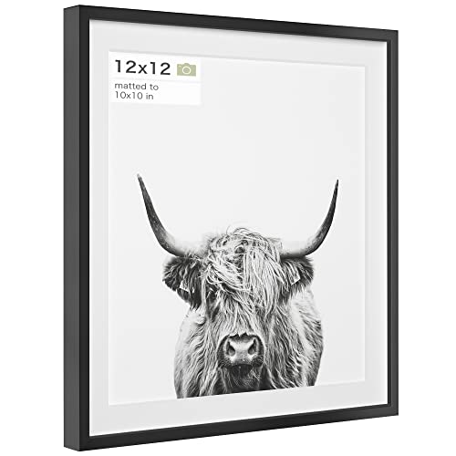 Homeforia 12 x 12 Frame Black, Premium Metal 12x12 Black Frame Matted to 10x10, Square Picture Frame 12x12 with Mat for 10 x 10 Photo, Tempered Glass, Wall Hook Included, Set of 1