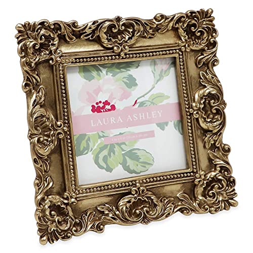 Laura Ashley 4x4 Gold Ornate Textured Hand-Crafted Resin Picture Frame with Easel &#x26; Hook for Tabletop &#x26; Wall Display, Decorative Floral Design Home Decor, Photo Gallery, Art, More (4x4, Gold)
